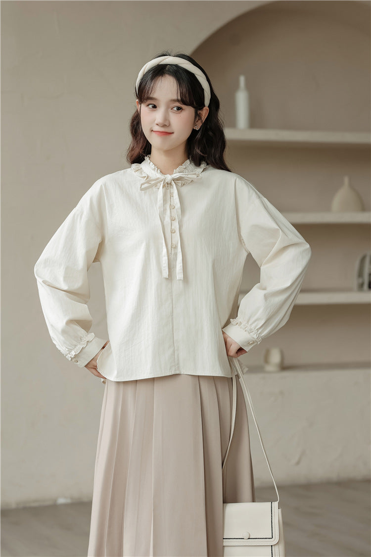 Elegant Ruffled Collar Ribbon-Tie Loose Fit Blouse