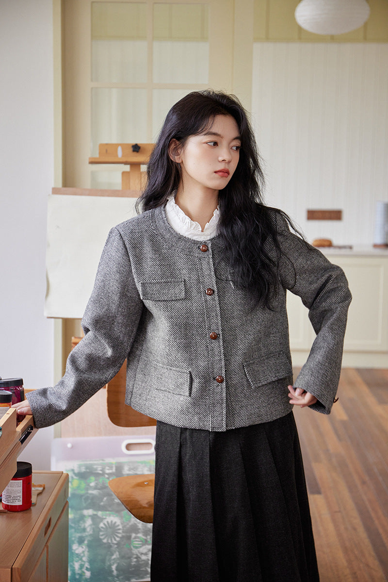 Classic Gray Tweed Knit Round Neck Jacket