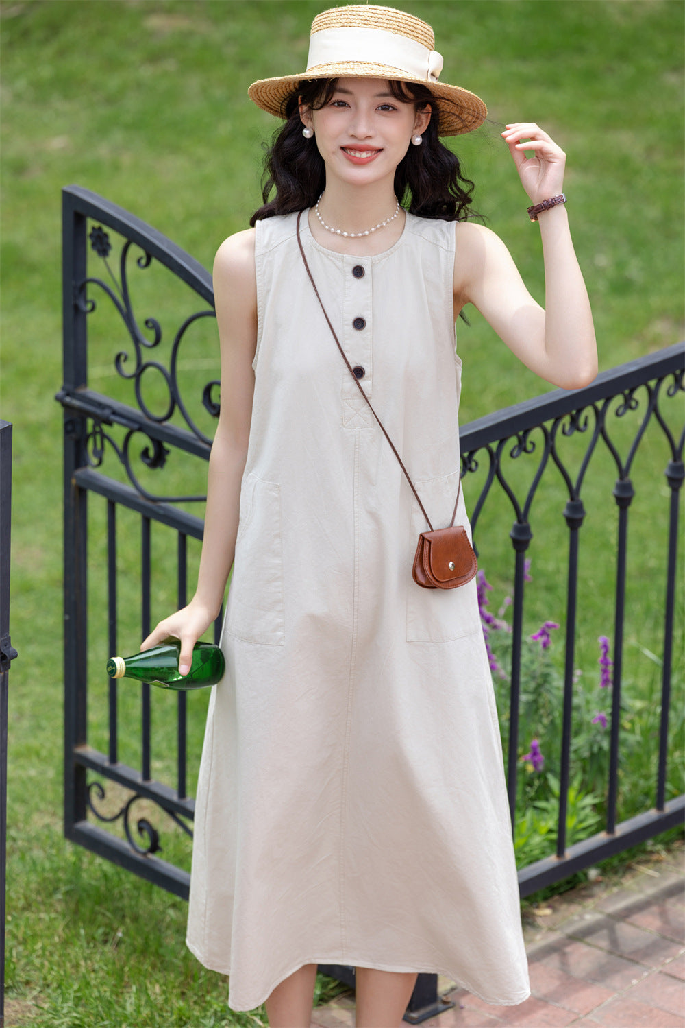 Beige Sleeveless Button-Down Midi Dress - Masion Chérie