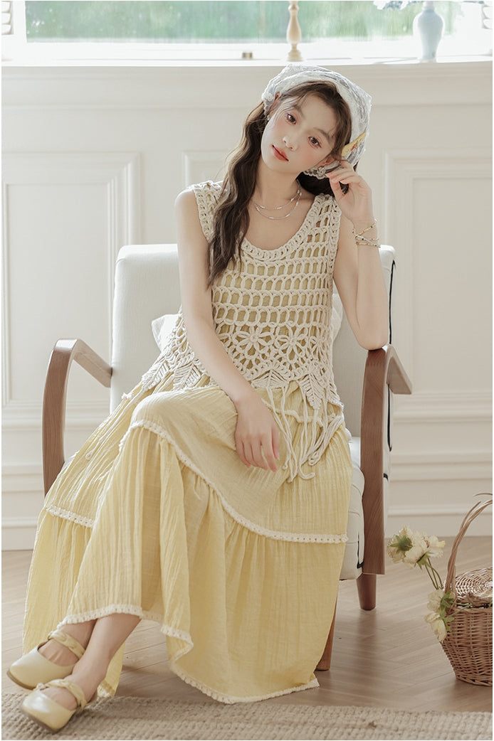 Bohemian Crochet Overlay Yellow Sundress