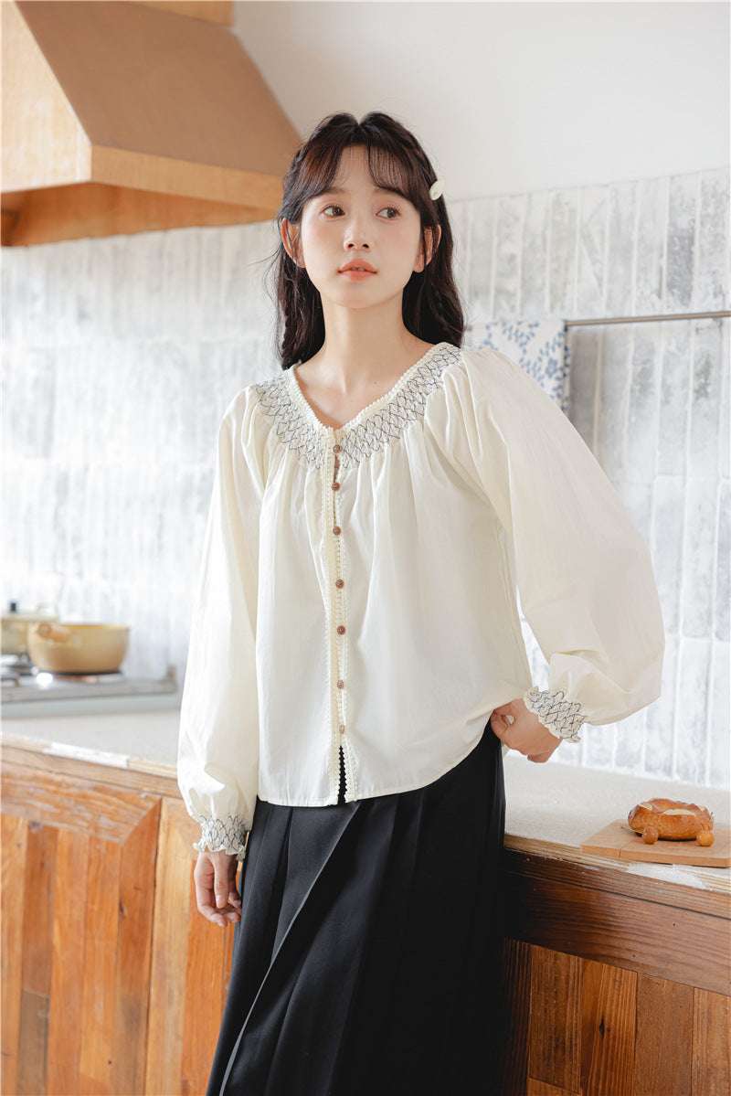 Smocked Yoke Button-Down Long Sleeve Blouse