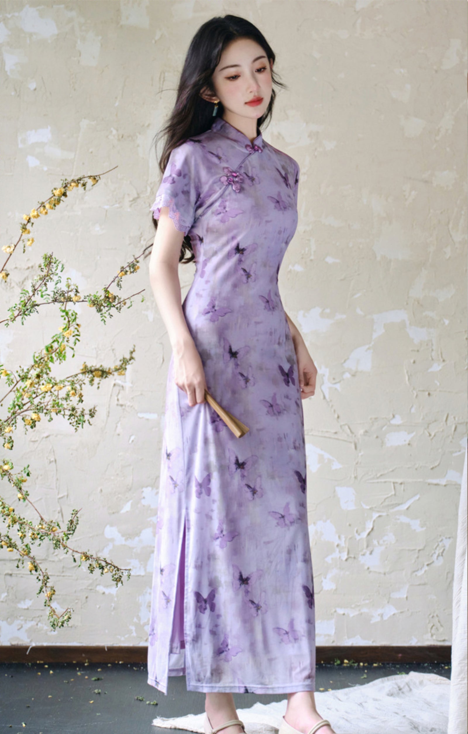 Butterfly Print Violet Cheongsam Dress