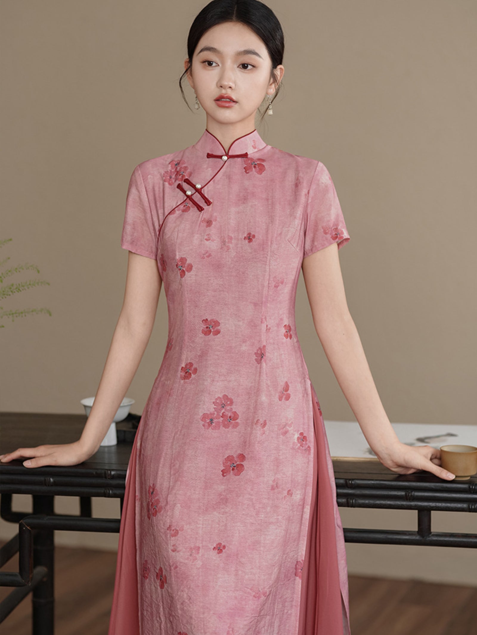 Graceful Watermelon Red Floral Silk Linen Layered Cheongsam Dress