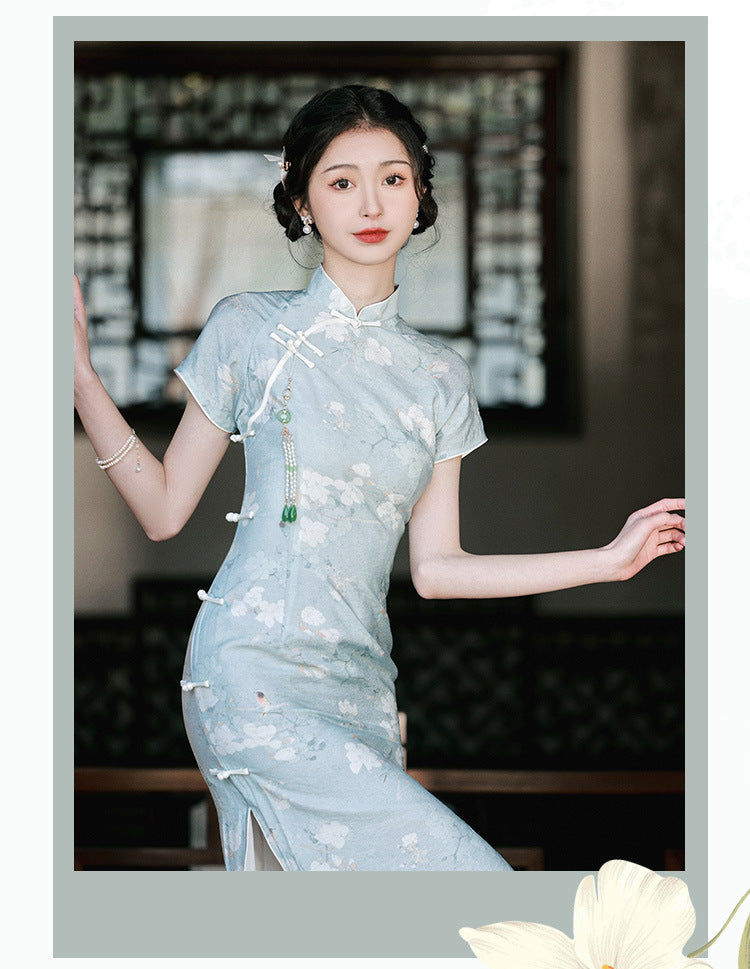 Elegant Blue Floral Print Cheongsam Dress - Masion Chérie