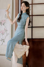 Elegant Blue Floral Embroidered Cheongsam Set