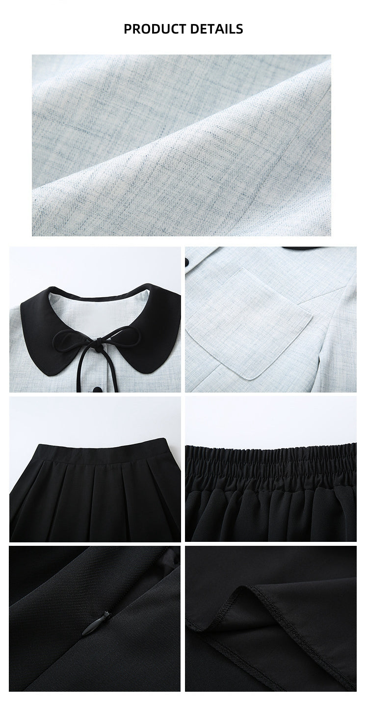 Bow-Tie Collar Blue Buttoned Blouse and Pleated Black Skirt Set