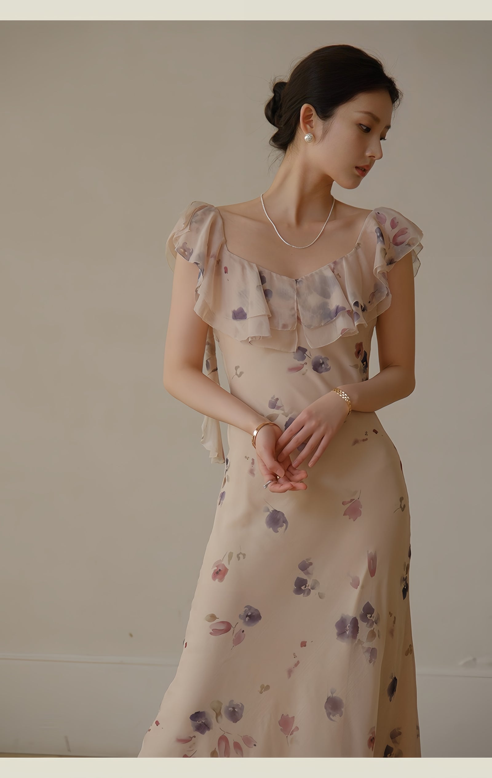 Elegant Ruffled Floral Chiffon Maxi Dress - Masion Chérie