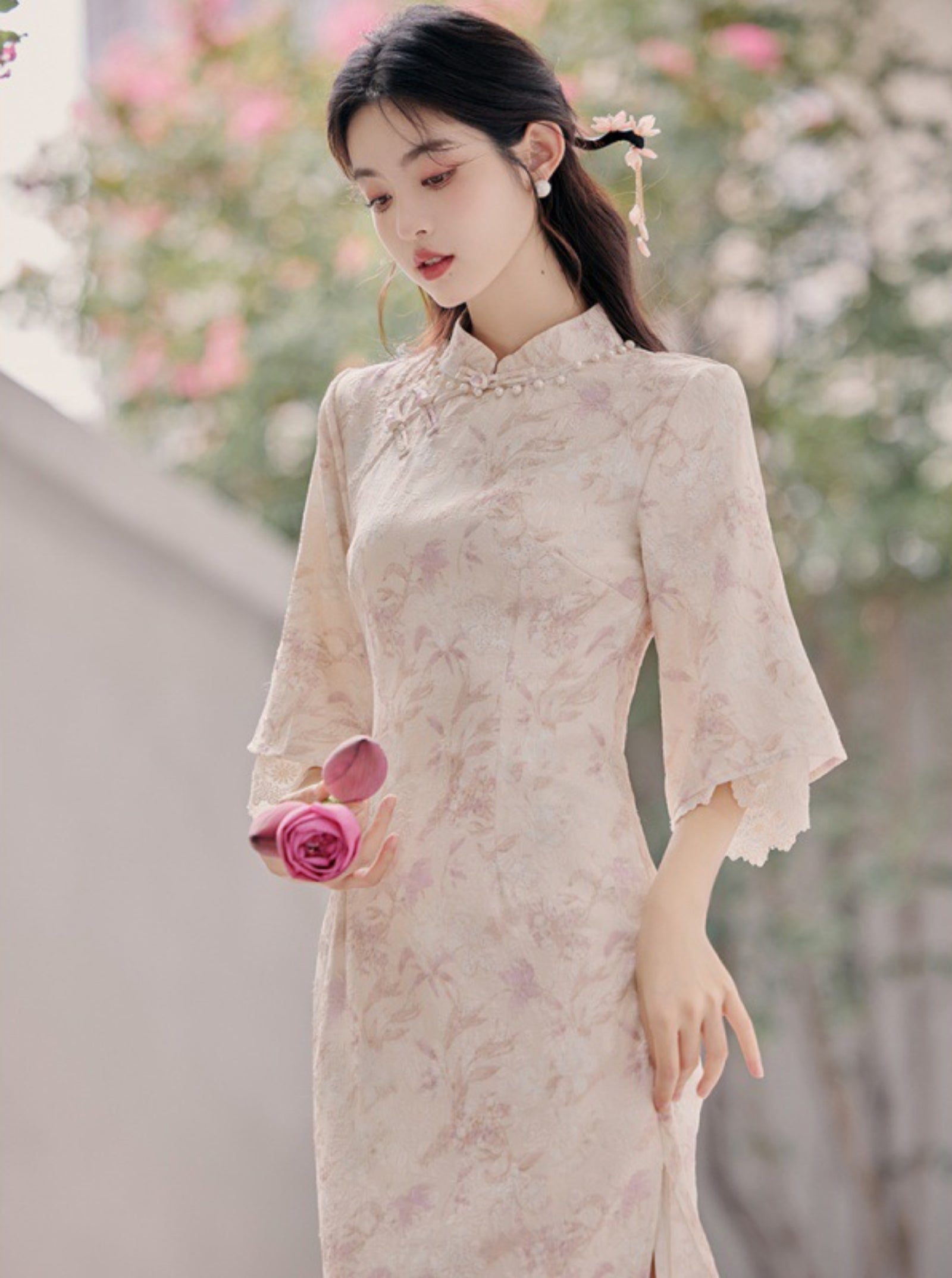 Delicate Pastel Floral Lace Cheongsam Dress