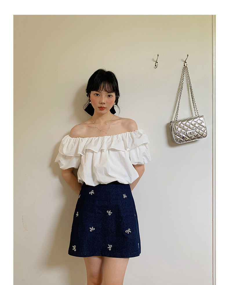 Vintage Ruffle Off-Shoulder Top Short Sleeves - Masion Chérie