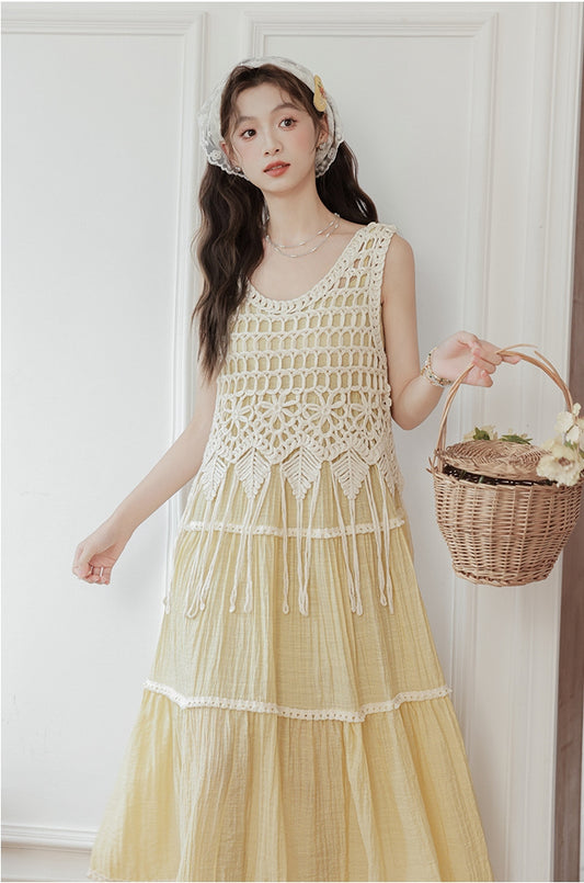 Bohemian Crochet Overlay Yellow Sundress