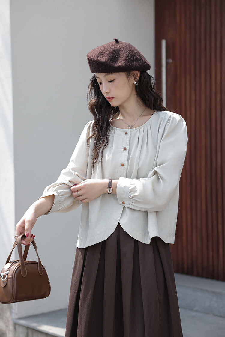 Minimalist Round Neck Buttoned Front Blouse