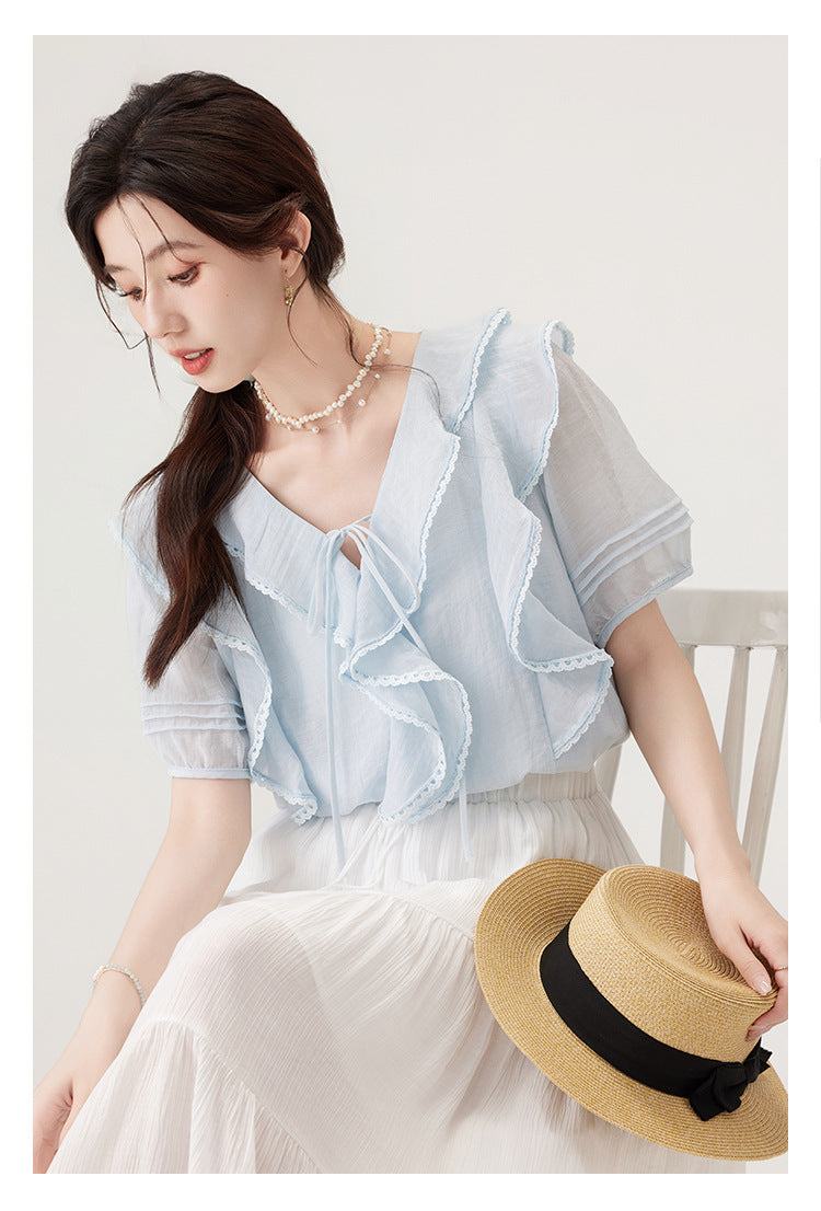 Charming Ruffled Blue Blouse & White Tiered Skirt Set - Masion Chérie