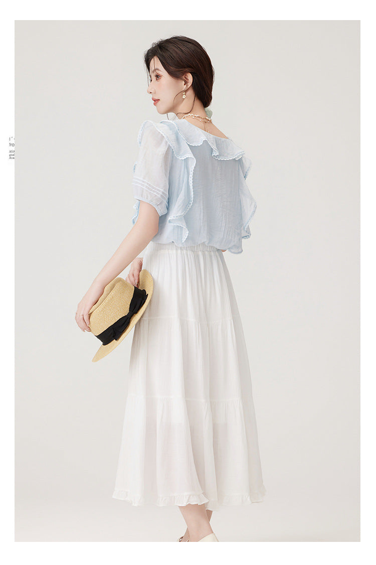 Charming Ruffled Blue Blouse & White Tiered Skirt Set - Masion Chérie