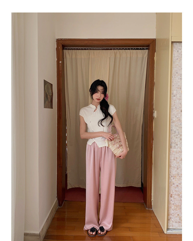 Straight-Leg Full-Length Pants in Satin - Masion Chérie