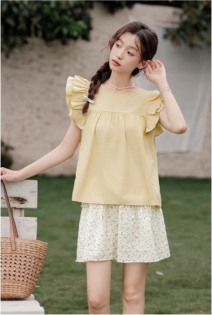 Yellow Ruffled Sleeve Blouse and Floral Mini Skirt Set