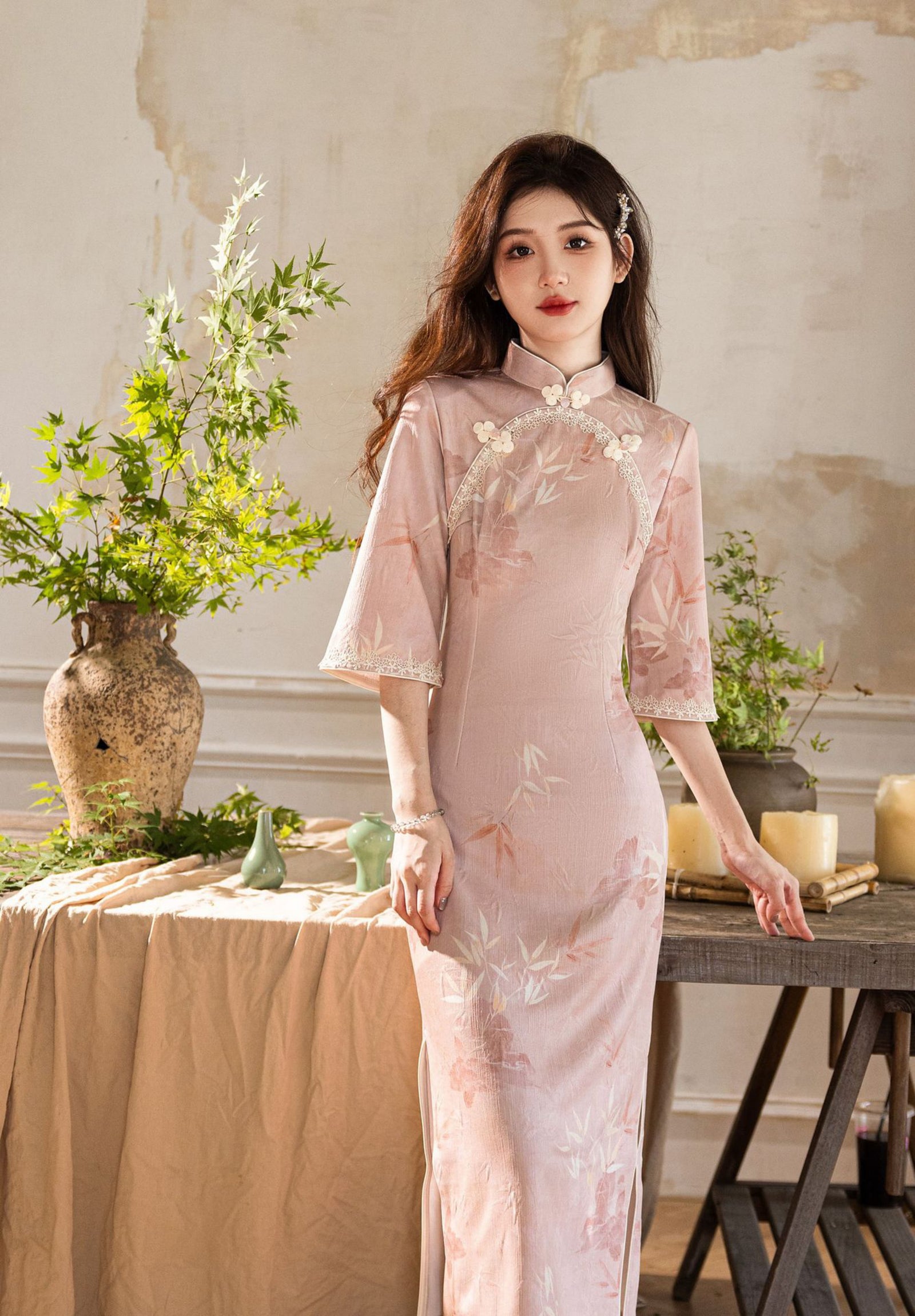 Opulent Blush Pink Jacquard Floral Cheongsam Dress