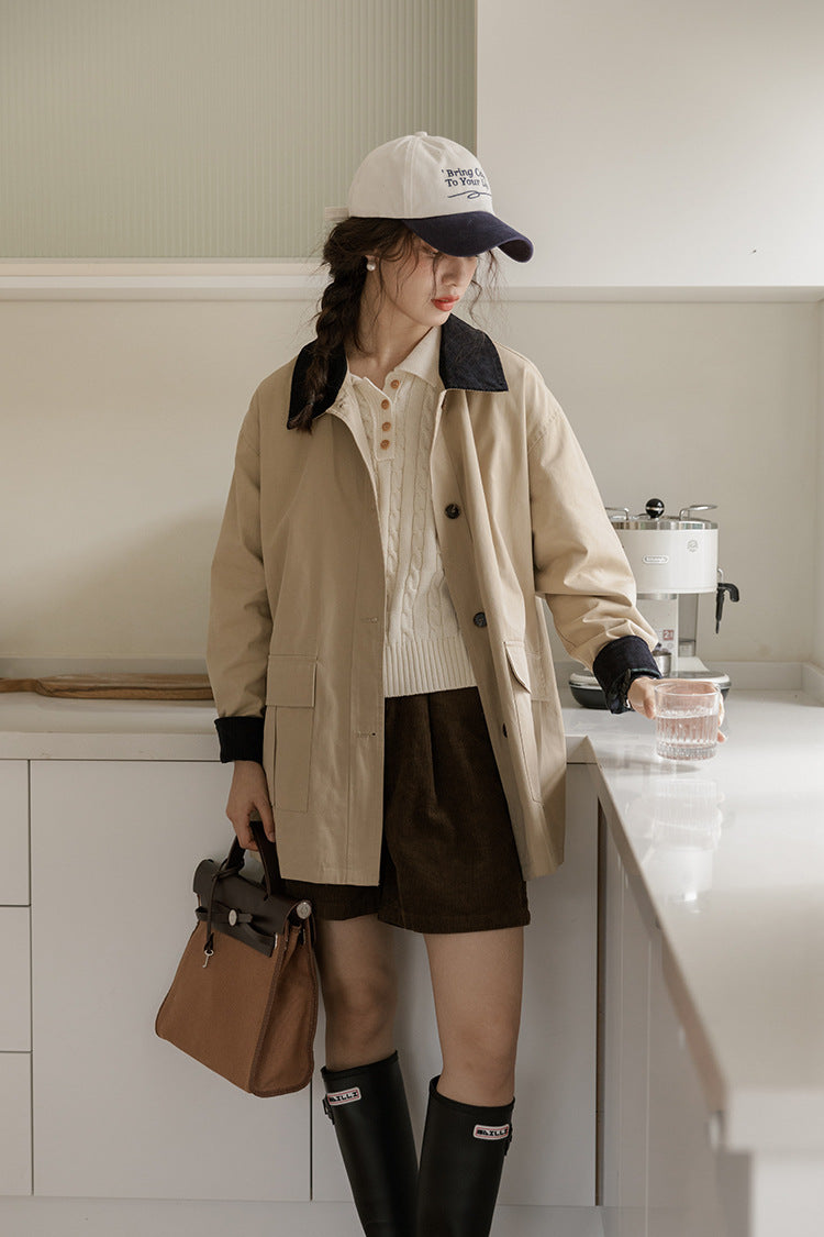 Khaki Two-Tone Contrast Collar Casual Jacket