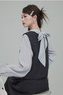 Minimalist Grey Back-Tied Bow Shirt, Vest & Maxi Skirt Set