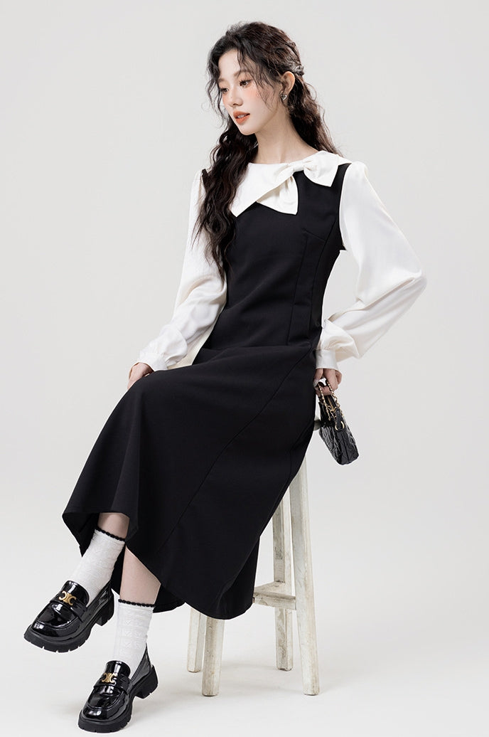 Classic Black Pinafore Layered Look Midi Dress