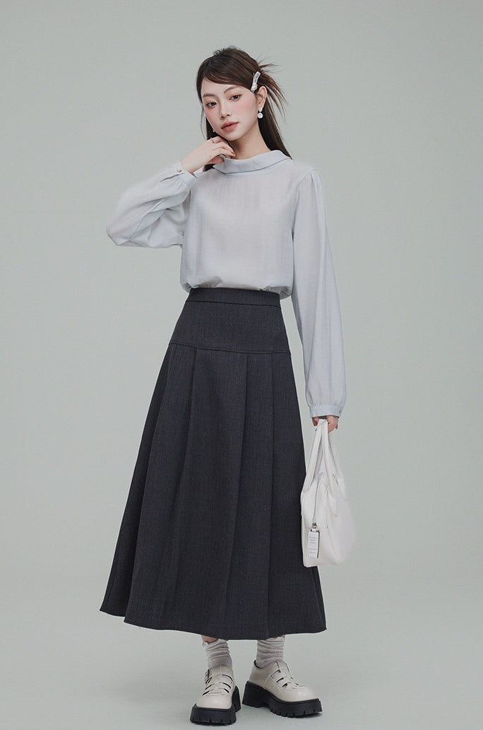 Minimalist Grey Back-Tied Bow Shirt, Vest & Maxi Skirt Set