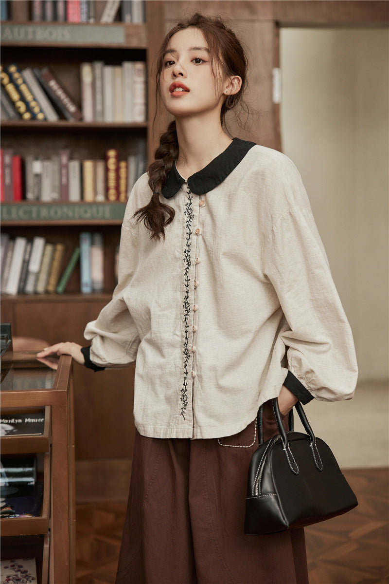 Chic Embroidered Button-Down Linen Blouse