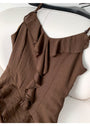 Chic Asymmetrical Ruffle Brown Spaghetti Strap Dress - Masion Chérie