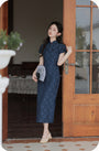 Vintage Navy Blue Floral Modified Cheongsam Dress