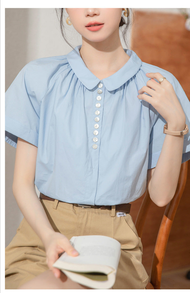 Elegant Blue Peter Pan Collar Button-Up Blouse - Masion Chérie