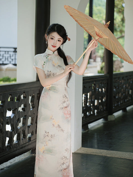 Graceful Floral Print Ivory Modified Cheongsam Maxi Dress