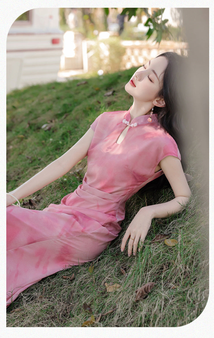 Vintage Pink Watercolor Modified Cheongsam Dress - Masion Chérie