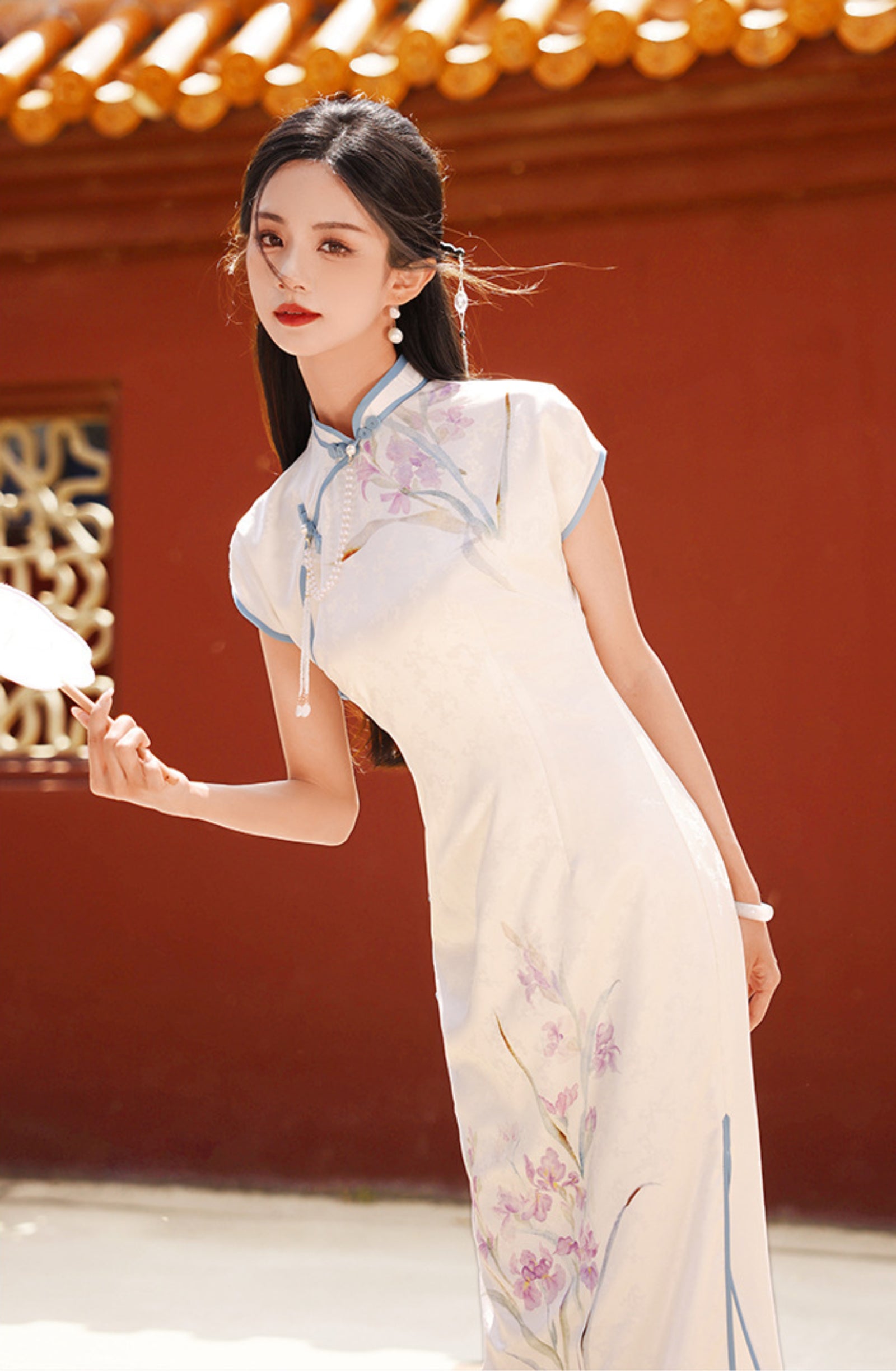 Ivory Blue Trim Tencel Floral Cheongsam Dress