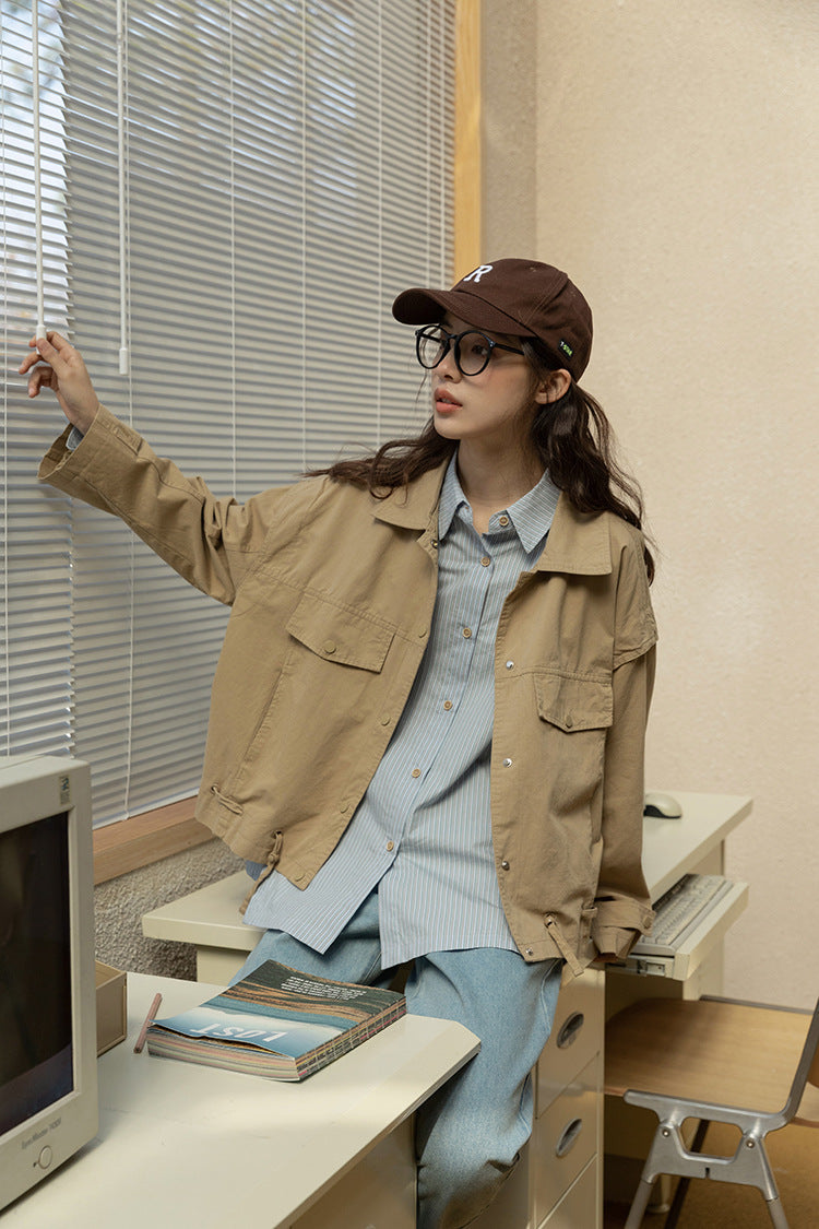 Khaki Loose Casual Utility Jacket