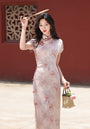 Romantic Vintage Tencel Satin Pastel Pink Floral Cheongsam Dress