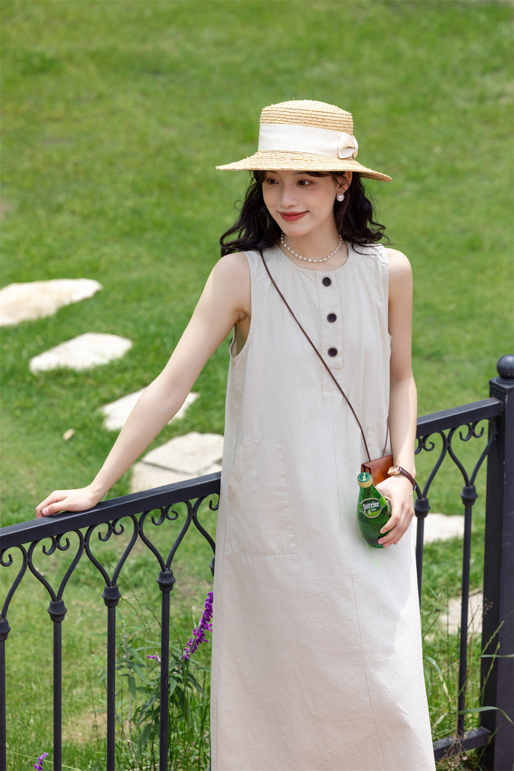 Beige Sleeveless Button-Down Midi Dress - Masion Chérie