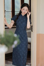 Vintage Navy Blue Floral Modified Cheongsam Dress