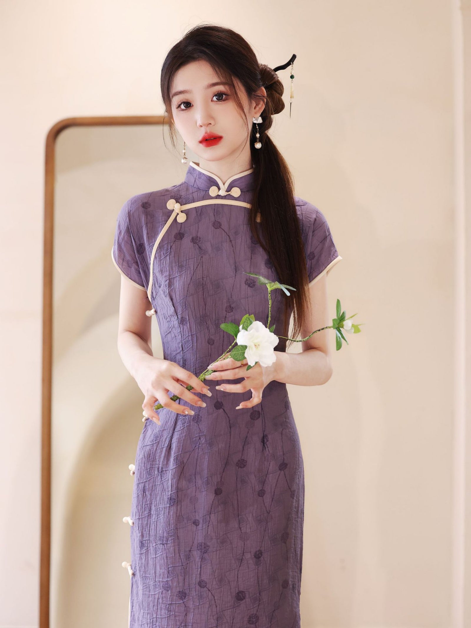 Lavender Tencel Cotton Modified Cheongsam Dress