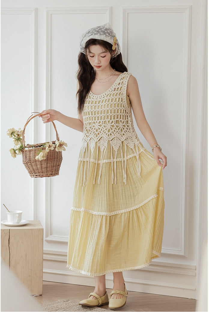 Bohemian Crochet Overlay Yellow Sundress