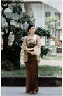 Song Dynasty Inspired Vintage Elegant Strapless Floral Top with Draped Brown Skirt Set - Masion Chérie