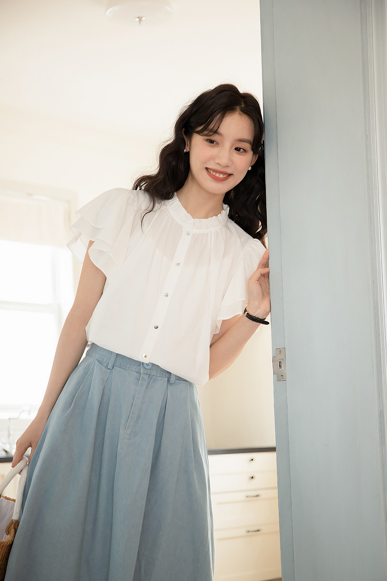 White Flutter Sleeve Button-Down Blouse - Masion Chérie