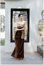 Song Dynasty Inspired Vintage Elegant Strapless Floral Top with Draped Brown Skirt Set - Masion Chérie