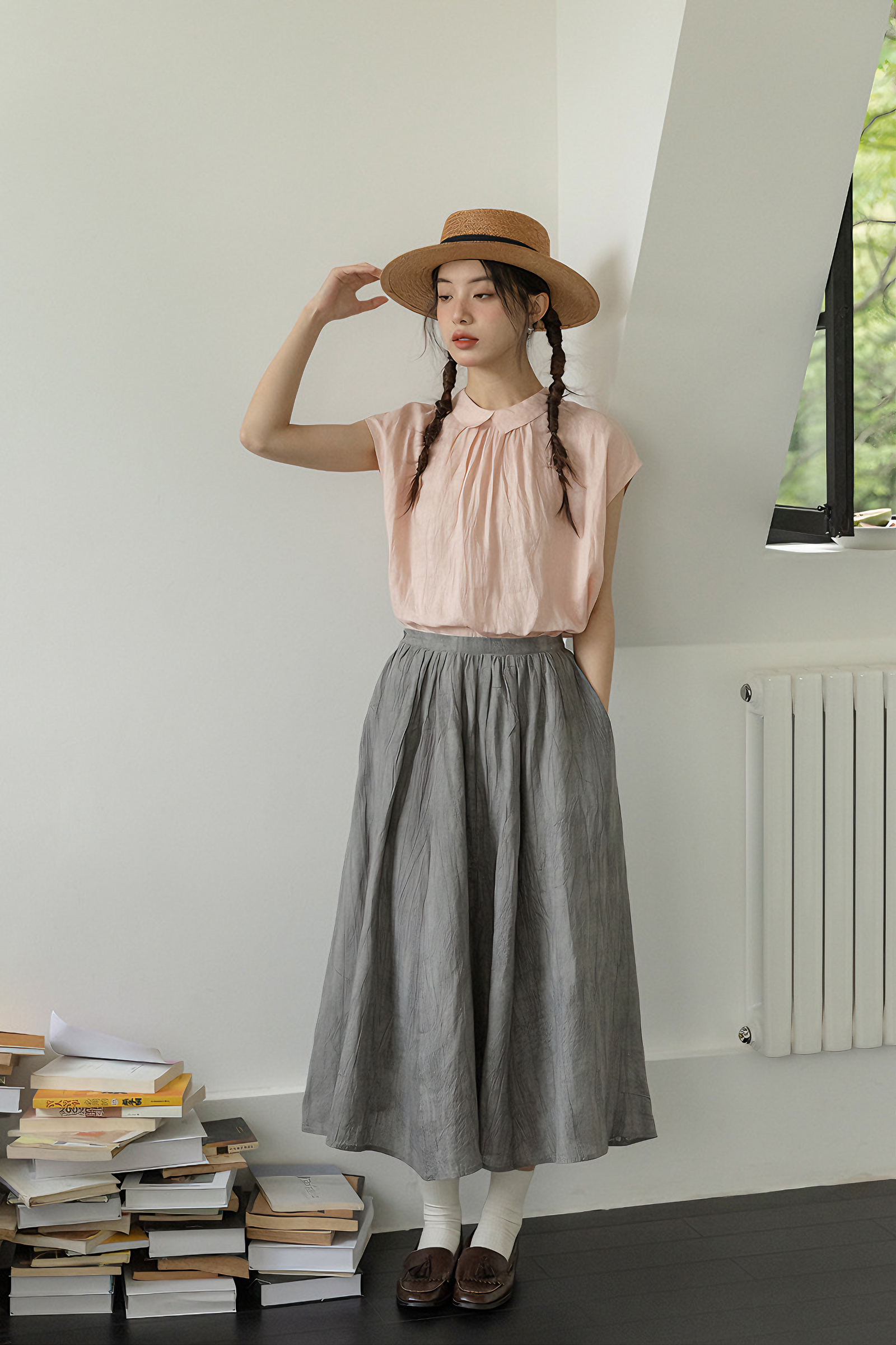 Elegant Tencel Linen A-Line Midi Skirt - Masion Chérie