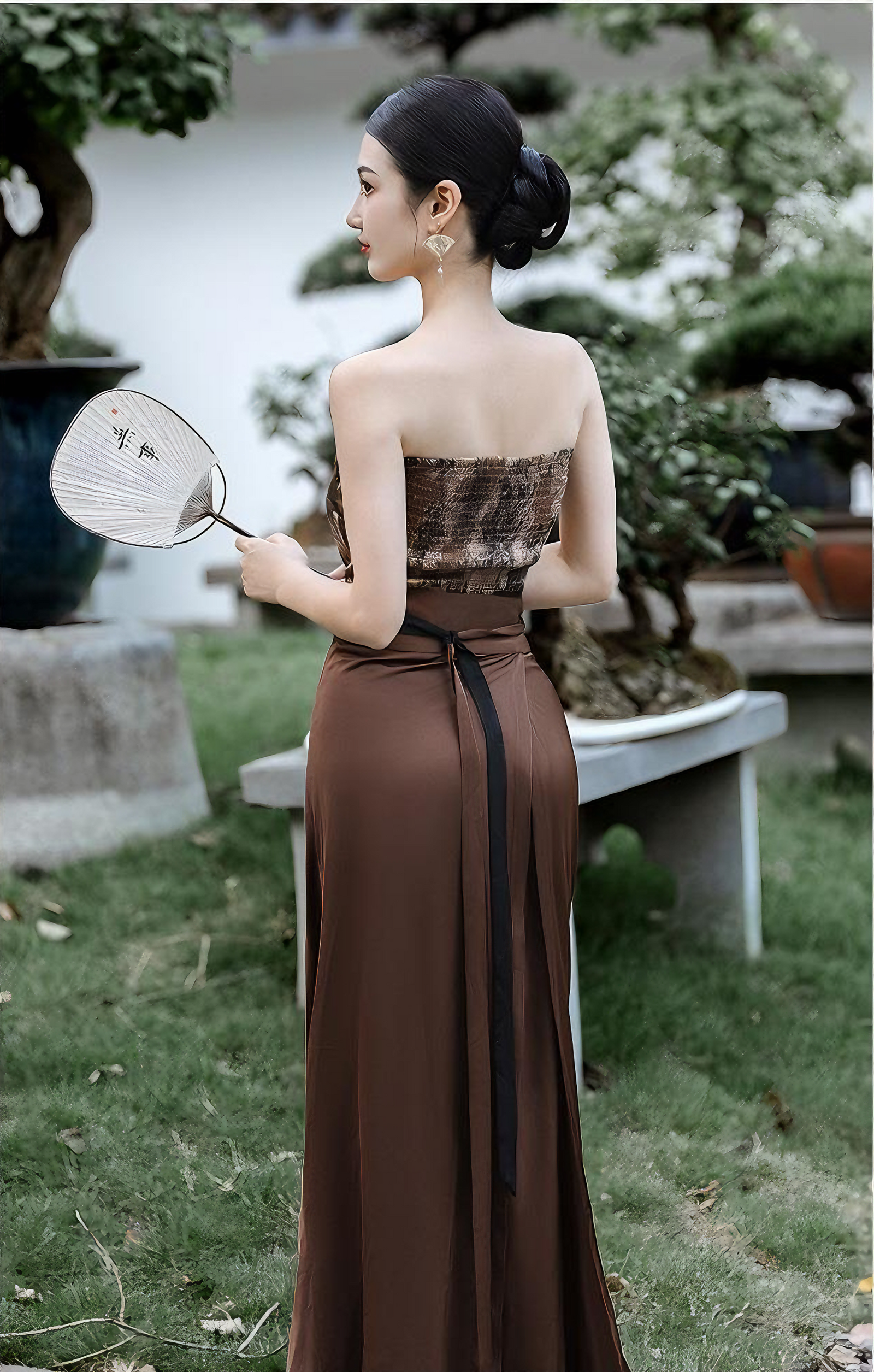 Song Dynasty Inspired Vintage Elegant Strapless Floral Top with Draped Brown Skirt Set - Masion Chérie