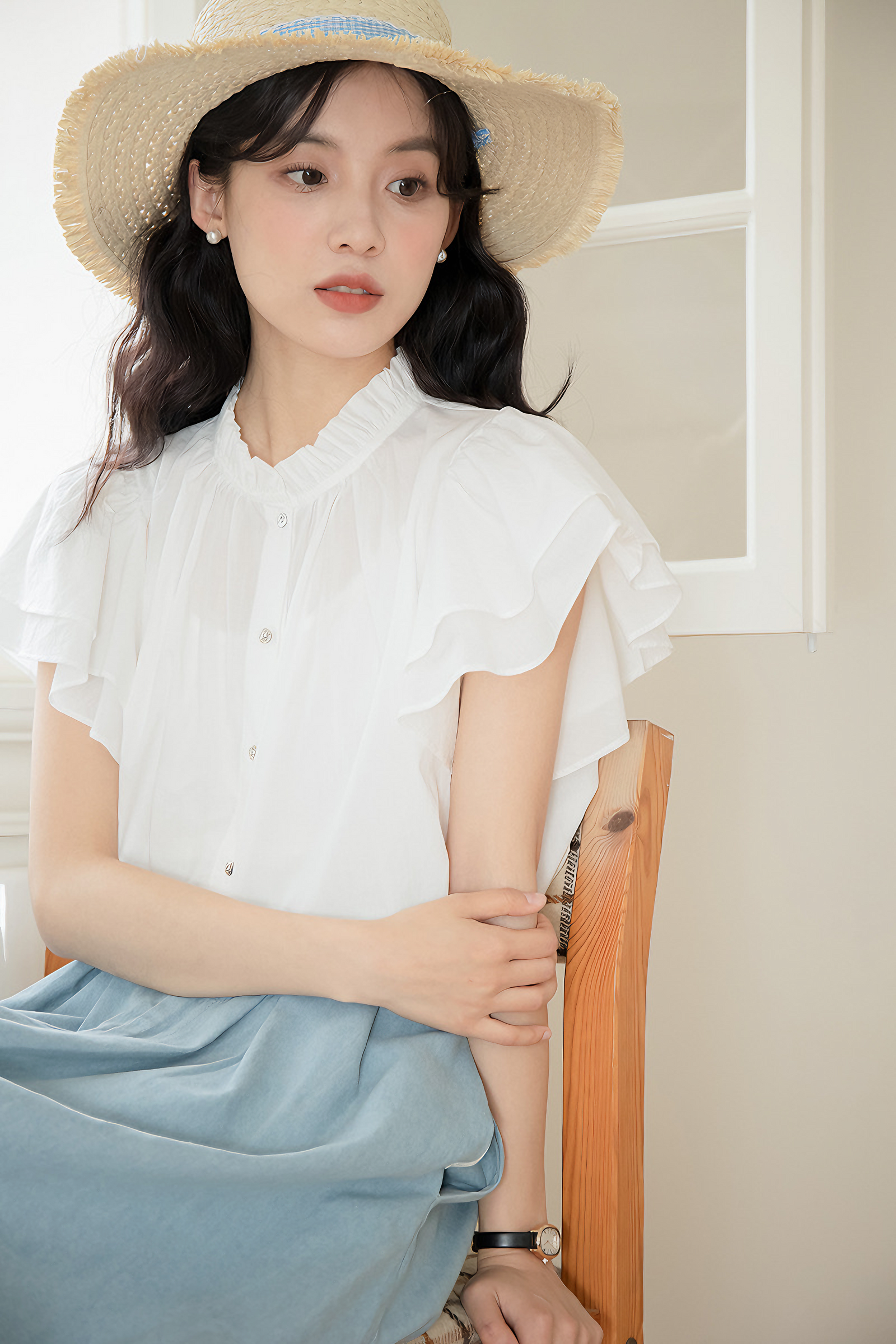 White Flutter Sleeve Button-Down Blouse - Masion Chérie