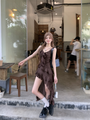 Chic Asymmetrical Ruffle Brown Spaghetti Strap Dress - Masion Chérie