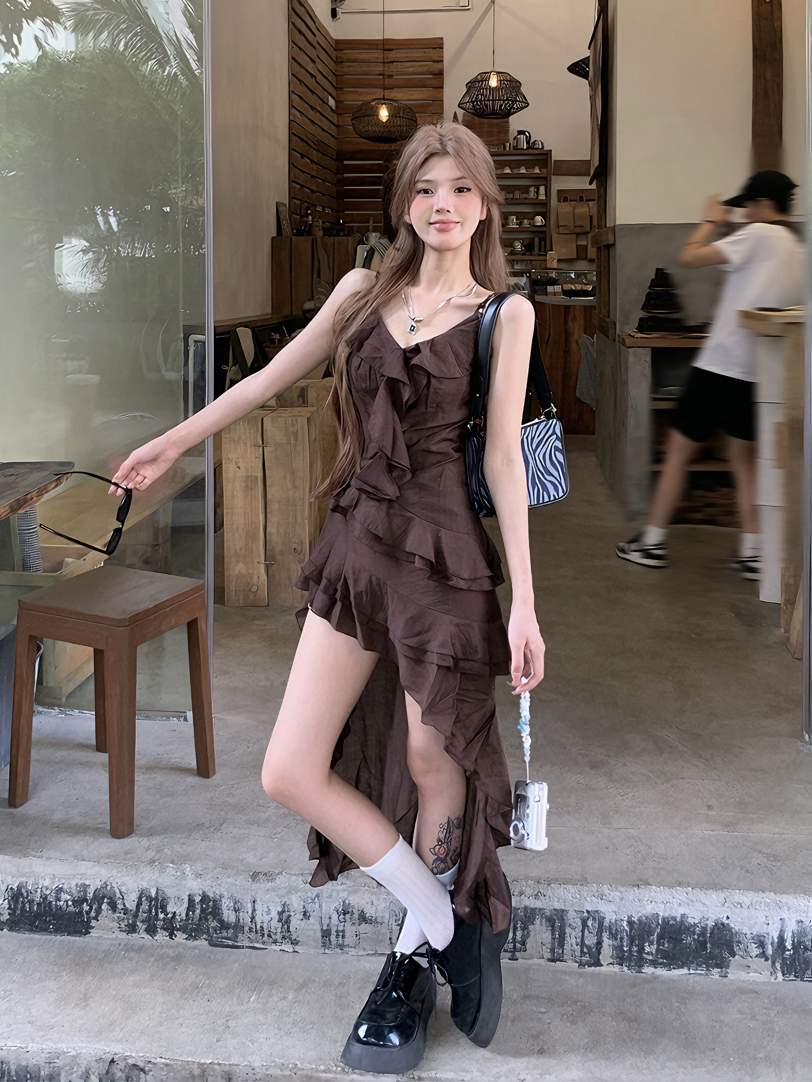 Chic Asymmetrical Ruffle Brown Spaghetti Strap Dress - Masion Chérie