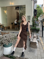 Chic Asymmetrical Ruffle Brown Spaghetti Strap Dress - Masion Chérie