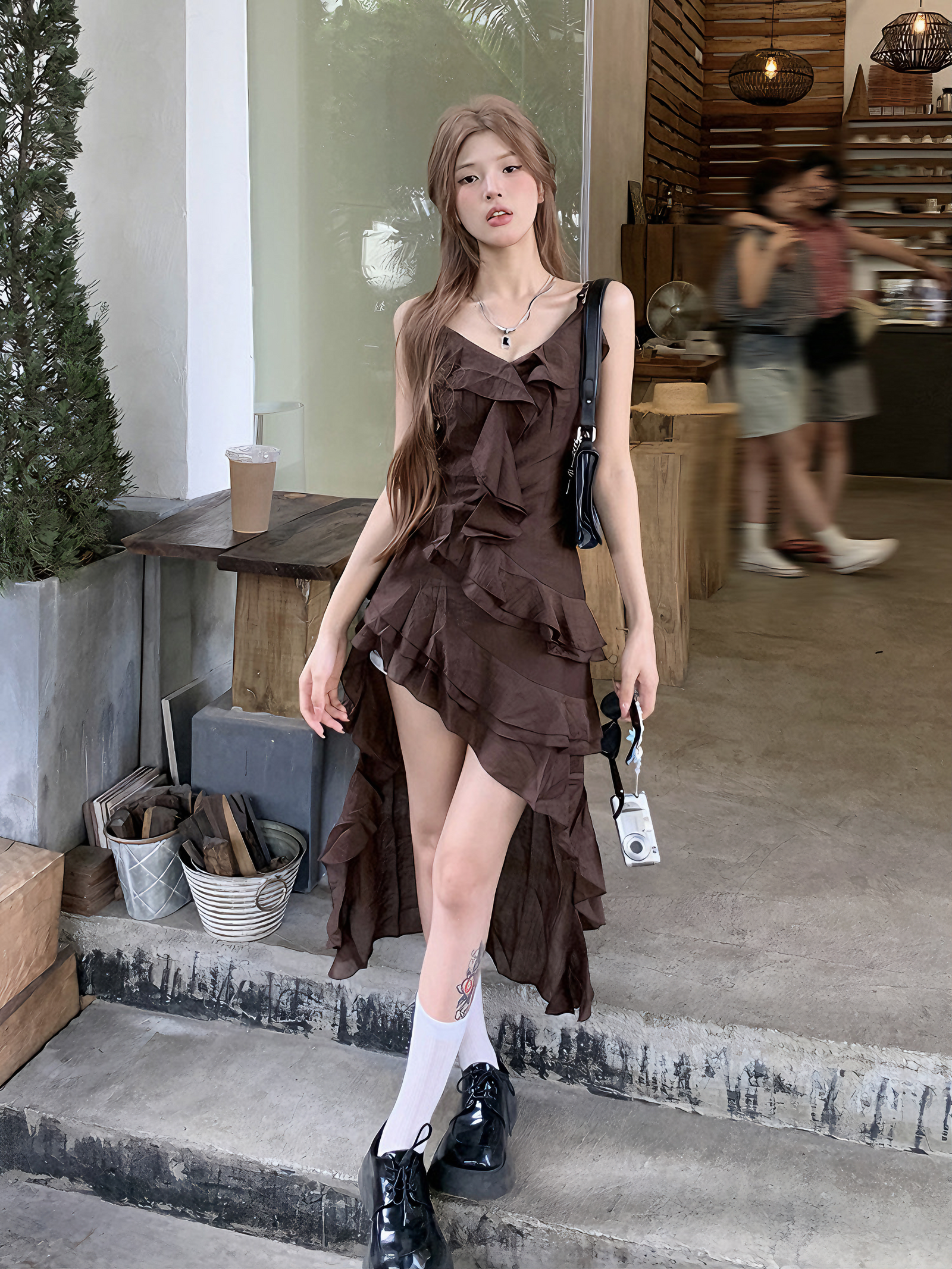 Chic Asymmetrical Ruffle Brown Spaghetti Strap Dress - Masion Chérie