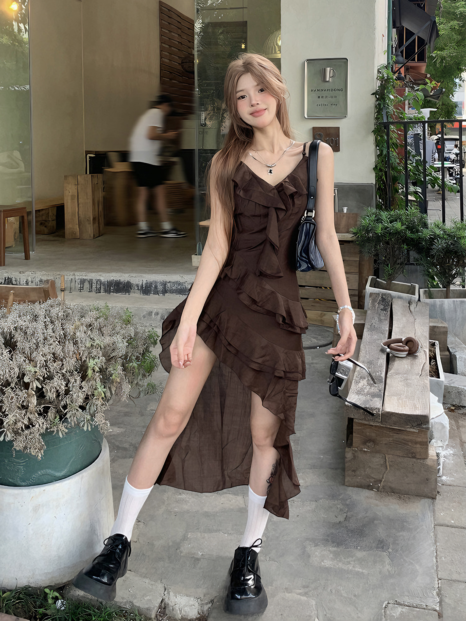 Chic Asymmetrical Ruffle Brown Spaghetti Strap Dress - Masion Chérie