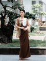 Song Dynasty Inspired Vintage Elegant Strapless Floral Top with Draped Brown Skirt Set - Masion Chérie