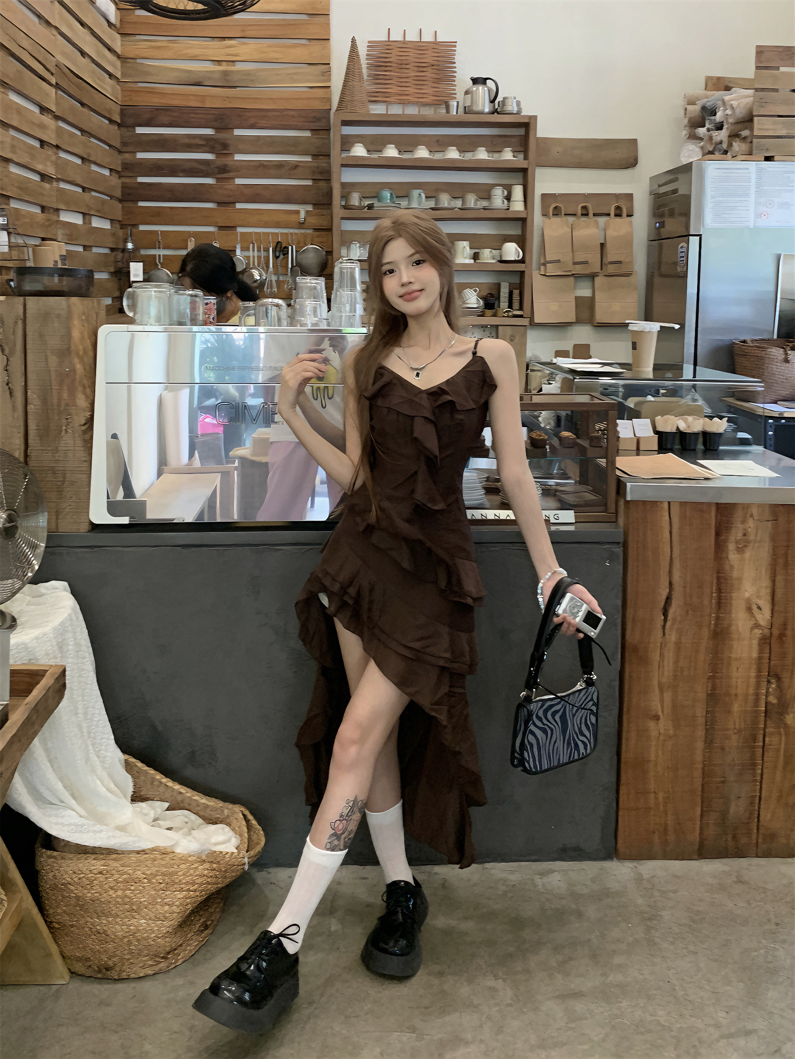 Chic Asymmetrical Ruffle Brown Spaghetti Strap Dress - Masion Chérie